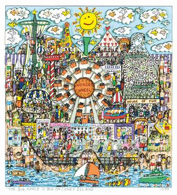 James Rizzi, 1950-2011, The Apple is big on Coney Island, 3D-Lithografie, handsign., num. 13/350, dat. 1999, unter Glas gerahmt, Blattgr. 32x35 cm