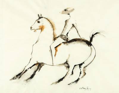 Nina Terno, 1935-2003 Finnland, Reiter, Aquarelle-Zeichnung, sign., dat. 77, unter Glas gerahmt, gesamt 55x66 cm