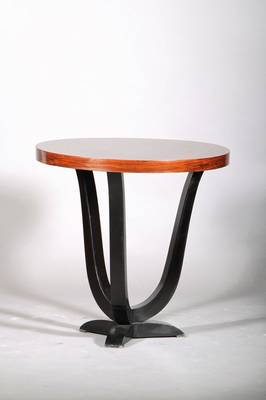 Beistelltisch, Art-Deco, 30er Jahre, Hartholz partiell geschwärzt, Platte mit feinem Palisanderfurnier, guter Zustand, H. ca. 66 cm, D. ca. 65 cm