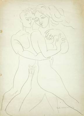 Rudi Baerwind, 1910-1982, Liebespaar, Zeichnung, sign., Blattgr. 42x60 cm, unter Glas gerahmt, gesamt 62x78 cm, Blatt am rand leicht fleckig, li ...