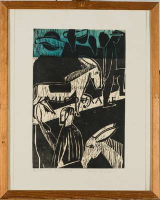 Wolfram Kurzenberger, 1931-2005, Der Kreuzzug, 7 Holzschnitte + zusätzlich ein Holzschnitt, je sign., Platte 40x26 cm, je unter Glas gerahmt, gesamt ...