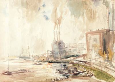 Carolus Vocke, 1899 Heilbronn-1979 Mannheim, Am Rheinhafen, Mischtechnik/Aquarell, sign., dat. 1963, ca. 66x90 cm, unter Glas gerahmt, gesamt 83x110 ...