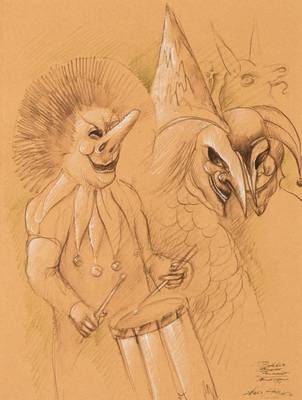 Werner Holz, 1948-1991, Baseler Fasnacht, Rötelzeichnung, sign., Blattgr. 53x43,5 cm, unter Glas gerahmt