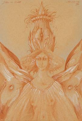Werner Holz, 1948-1991, Rötelzeichnung, Göttin des Lichts, handsign., ca. 26x17 cm, unter Glas gerahmt