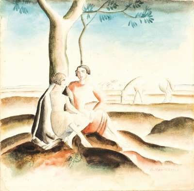 Albert Mueller, 1884-1963, Zwei Frauen beim Gespräch unter einem Baum, Aquarell über Bleistift auf festem Papier, re unten sign., mit Ortsnennung ...