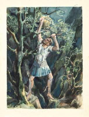 Albert Mueller, 1884-1963, Aeneas pflückt den goldenen Zweig am Eingang zur Unterwelt, (Virgil), Acryl auf dünnem Papier, montiert auf Karton, re ...