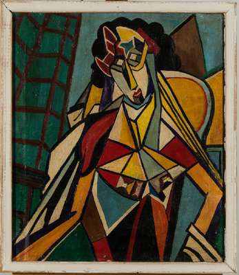 Künstler der russischer Avantgarde, abstrakte Komposition, Öl auf grober Lwd, unsign., ca. 59x50 cm, unter Glas gerahmt, leichte Krakeluren