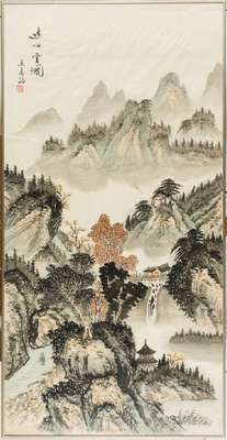 asiatischer Künstler, Aquarell auf Seide, Künstlersiegel, kleiner brauner Fleck auf der Seide, ca. 117x60 cm, unter Glas gerahmt