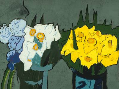 Klaus Fussmann, geb. 1938 Velbert, Frühlingsblumen, Farblinolschnitt, handsign., num. 14/60, ca. 42x56 cm, unter Glas gerahmt,gesamt 65x77 cm
