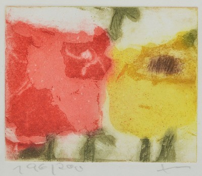 Klaus Fussmann, geb. 1938 Velbert, Rosen rot /gelb, Farbradierung, handsign., num. 196/200, Platte 9x11 cm, Blattgr. 15x16 cm