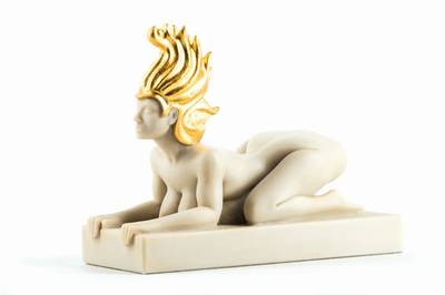 Ernst Fuchs, 1930-2015, Wiener Sphinx, polymerer Kunstguss mit teilweise vergoldeter Oberfläche, auf Sockel, sign., num. 27/2250, aus 2014, ca. ...