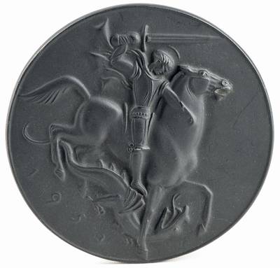 Arno Breker, 1900-1991, Heiliger St. Georg, Bronze-Relief, dat. 1953, verso Stempel der Giesserei Buderus, ca. 14 cm