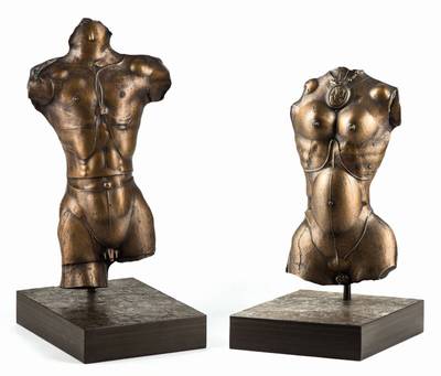 Paul Wunderlich, 1927-2010, weiblicher und männlicher Torso, 2 Bronzeskulpturen auf Granit-Sockeln, je monogram. P.W., dat. 83, jenum. 227/250, H. ...