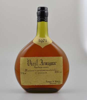 1 Flasche 1971 Vieil Armagnac, Goudoulin, ca. 40 % Vol, ca. 70 cl, Abstand zwischen Kapsel und Armagnac: ca. 4 cm, unverkostet, guter ...