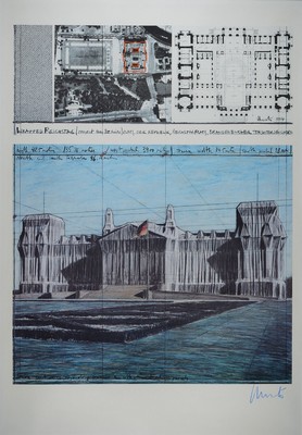 Christo und Jeanne-Claude, Wrapped Reichstag, Farboffset, handsigniert, ca. 100x70cm, unter Glas gerahmt