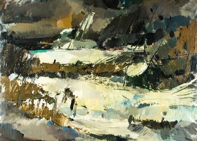Fedde de Jong, 1915-1977 Niederlande, Ondergelopen Land, Öl/Lwd, sign., verso betitelt, ca. 110x150 cm, Rahmen