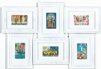James Rizzi, 1950-2011, Arrangement aus 6 Telefonkarten, je handsigniert, in einem Collagenrahmen unter Glas gerahmt