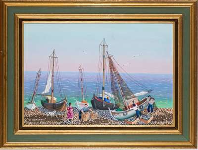 Madeleine de la Giraudiere, geb. 1922 Toulouse, Küstenszene, sign., ca. 38x55 cm, im Prunkrahmen gerahmt, gesamt 54x70 cm