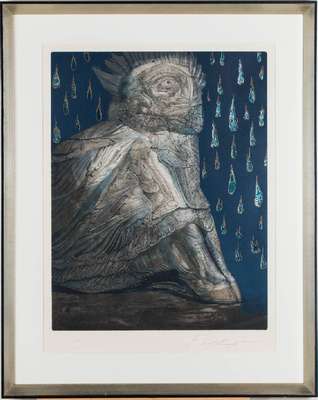 Ernst Fuchs, 1930-2015, Radierung mit Metallfolie-Einsatz, handsign., num. 134/300, Platte ca. 65x50 cm, unter Glas gerahmt, gesamt 92x73 cm
