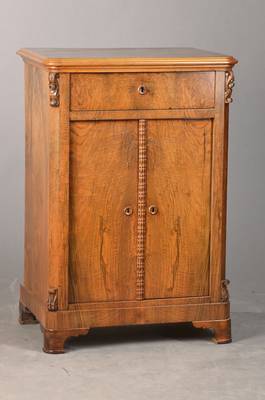 Pilasterschränkchen, Spätbiedermeier, deutsch,um 1840, Nussbaumfurnier gespiegelt verlegt,Weichholzkorpus, 1-schübig, 2-türig, Schlagleiste in ...