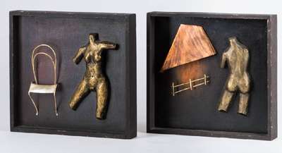 K. Siemon, Künstler 20.Jh., 2 Objekt- Arbeiten aus Holz, Bronze, Silber und Kupfer, Torso einen Stuhl besteigend und Torso sich an einem Kamin ...