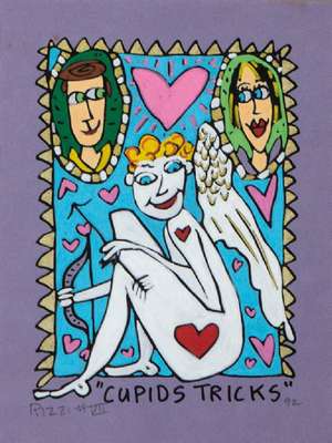 James Rizzi, 1950-2011, Cupids Tricks, Acryl/Gouache auf Papier, handsign., dat. 92, PP-Ausschnitt 23,5x18,5 cm, unter Glas gerahmt, gesamt 47,5x41,5 ...