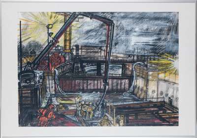 Elisabeth Bieneck-Roos, geb. 1925, nächtliche Baustelle Fahrlachtunnel Mannheim, Mischtechnik/Papier, 1990, sign., Blattgr. 73x102 cm, unter Glas ...