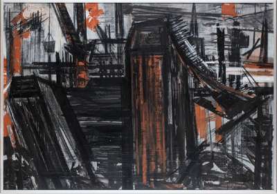 Elisabeth Bieneck-Roos, geb. 1925, Brücke Schwetzingen, 1977, Mischtechnik/Papier, sign., Blattgr. 70x100 cm, unter Glas gerahmt