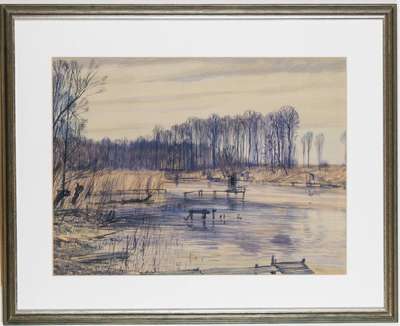 Werner Brand, geb. 1933 Löbau, Altwasser bei Jockrim von Wörth aus, Aquarell/Papier, sign., dat., PP-Ausschnitt 45x60 cm, unter Glas gerahmt, ...