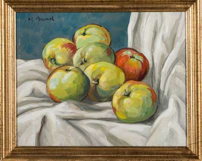 Werner Brand, geb. 1933 Löbau, Äpfel, Öl/Hartfaser, sign., 24x30 cm, Rahmen