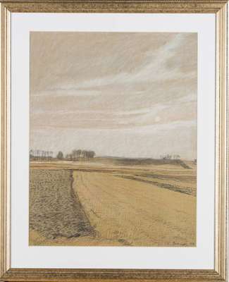 Werner Brand, geb. 1933 Löbau, Acker bei Rültzheim, Pastell, sign., dat. 1979, PP- Ausschnitt 50x40 cm, unter Glas gerahmt, gesamt 67x55 cm