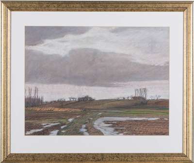 Werner Brand, geb. 1933 Löbau, Von Rülzheim Richtung Kuhardt nach dem Regen, 1979, Pastell, sign., PP-Ausschnitt 32,5x43,5 cm, unter Glas gerahmt, ...