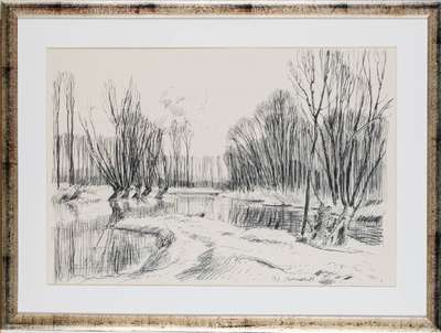 Werner Brand, geb. 1933 Löbau, Altwasser bei Germersheim, 1978, Bleistift-Zeichnung, sign., dat., PP-Ausschnitt 37x53,5 cm, unter Glas gerahmt, ...