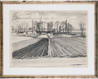 Werner Brand, geb. 1933 Löbau, Bei Rülzheim,1978, Bleistift-Zeichnung, sign., PP- Ausschnitt 40,5x56 cm, unter Glas gerahmt, gesamt 56,5x70,5 cm