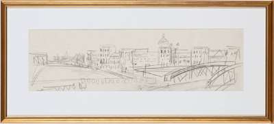 Rudi Baerwind, 1910-1982, Brücke in Mannheim, sign., PP-Ausschnitt ca. 14x46,5 cm, unter Glas gerahmt, gesamt 28x56,5 cm
