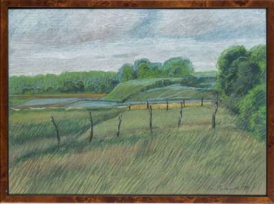 Werner Brand, geb. 1933 Löbau, Damm bei Rülzheim, Pastell/Papier, sign., dat. 1979, Blattgr. 37x50 cm, unter Glas gerahmt