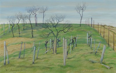 Werner Brand, geb. 1933 Löbau, Wingert bei Kuhardt, Aquarell/Papier, sign., dat. 2002, PP-Ausschnitt ca. 30x46 cm, unter Glas gerahmt, gesamt ...
