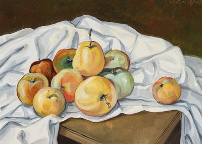 Werner Brand, geb. 1933 Löbau, Äpfel, Öl/Hartfaser, sign., dat. 2002, ca. 30x40 cm, Rahmen