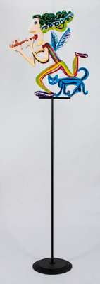 David Gerstein, geb. 1944, Flötenspieler, Metallskulptur auf dünnem Metallsockel, beidseitig handbemalt, sign., wohl Unikat, Skulptur ca. 60x55cm, ...