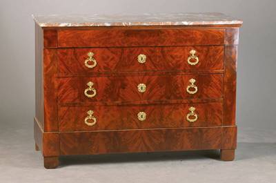 Prunkkommode, wohl Frankreich, um 1850/60, Pyramidenmahagonifurnier auf Eichekorpus, 3- schübig, versteckter Kopfschub, feuervergoldete Beschläge ...