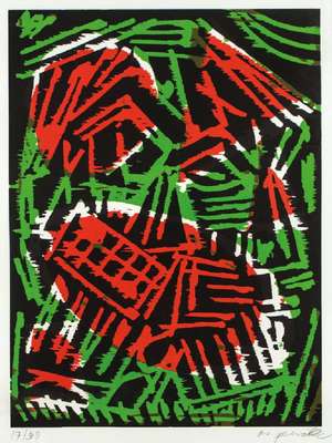 A.R. Penck, 1939-2017, Jäger (Motiv 4), Holzschnitt, aus 1990, handsign., num. 17/30, Blattgr. 80x60 cm, unter Glas gerahmt, gesamt 98x76,5 cm