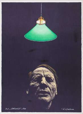 Rudolf Hausner, 1914-1995, Farbserigraphie, Mann unter grüner Lampe, sign., num. e.a., Blattgr. 75x65 cm