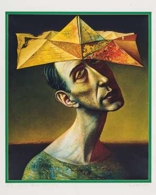 Rudolf Hausner, 1914-1995, Farbserigraphie, Gelber Narrenhut, sign., num. e.a., Blattgr. 70x83 cm