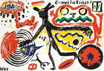 A.R. Penck, 1939-2017, Was ist Gravitation?, Farbserigraphie, handsign., num. 34/55, Blattgr. 70x100 cm, unter Glas gerahmt
