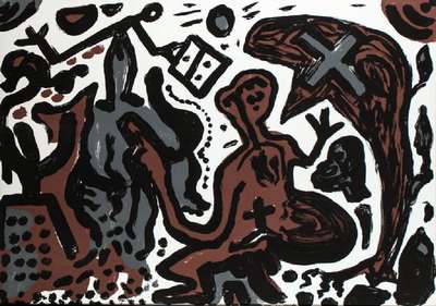 A.R. Penck, 1939-2017, Deutschlands Hoffnung/ Erichs Ende, Farbserigraphie, handsign., num. 15/55, Blattgr. 122x87 cm, unter Glas gerahmt
