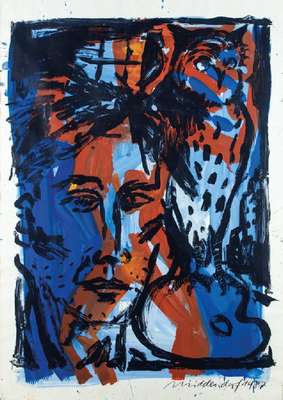 Helmut Middendorf, geb. 1953, Selbst mit Eule, 1987, Farbserigraphie mit Übermalungen, handsign., Blattgr. 119x96 cm, unter Glas gerahmt