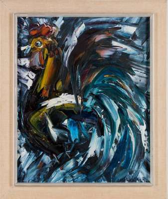 Jan Naliwajko, geb. 1938 Litauen, Hahn, Öl/Lwd, sign., 62x50 cm, Rahmen
