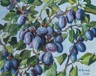 Werner Brand, geb. 1933 Löbau, Pflaumen, Öl/Hartfaser, sign., dat. 2000, ca. 25,5x31,5 cm,Rahmen