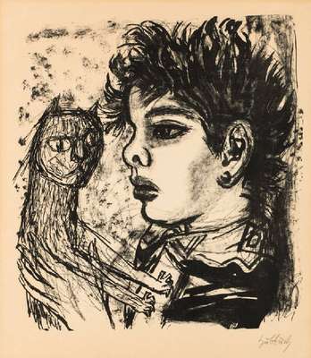 Karl Hubbuch, 1891-1979, Jüngling mit Katze, Lithographie, sign., Blattgr. 62x50 cm, Blatt gebräunt, kleiner Riss 7mm am li Blattrand