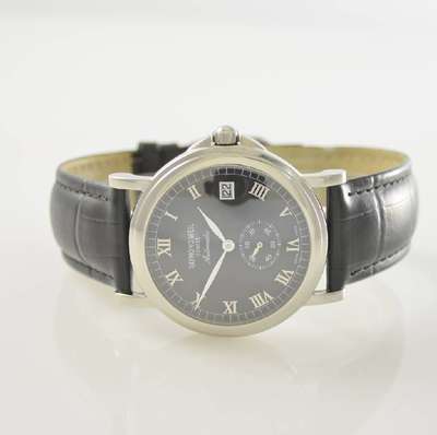 RAYMOND WEIL Maestro Herrenarmbanduhr in Stahl, Schweiz um 2010, Automatik, beids. vergl. Geh., Boden aufgedr., schwarzes Zifferbl. m. aufges. silb. ...